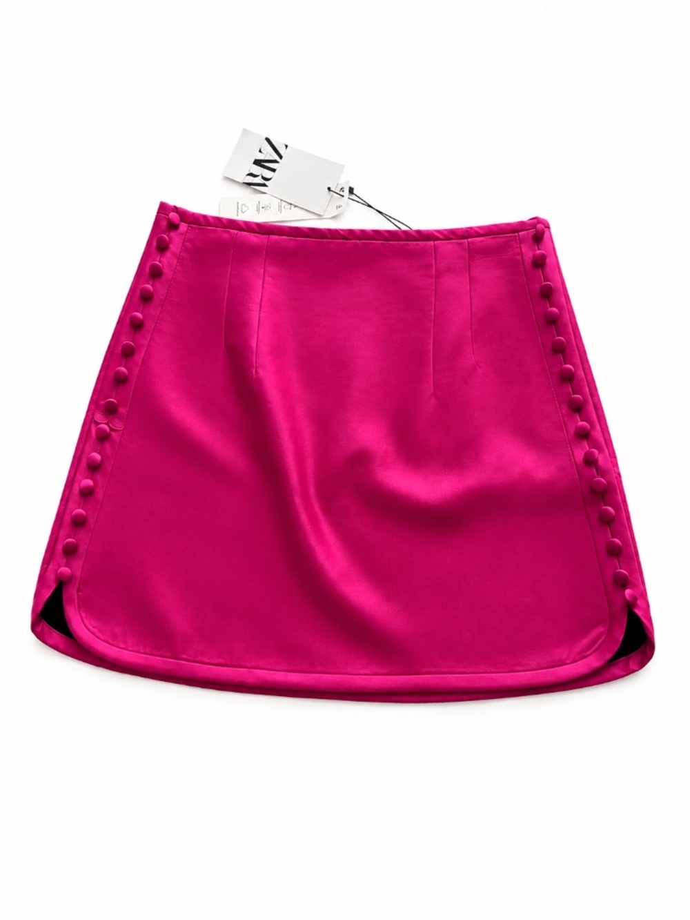 ZARA Buttoned Satin Effect Mini Skirt Fuchsia Hot Pink Side Slit Medium NWT